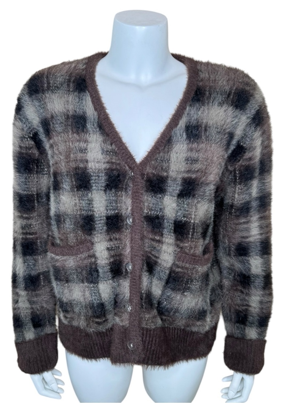UNIF Ty Cardigan Sweater M Plaid Boxy V-neck Fuzzy Retro 90s Brown